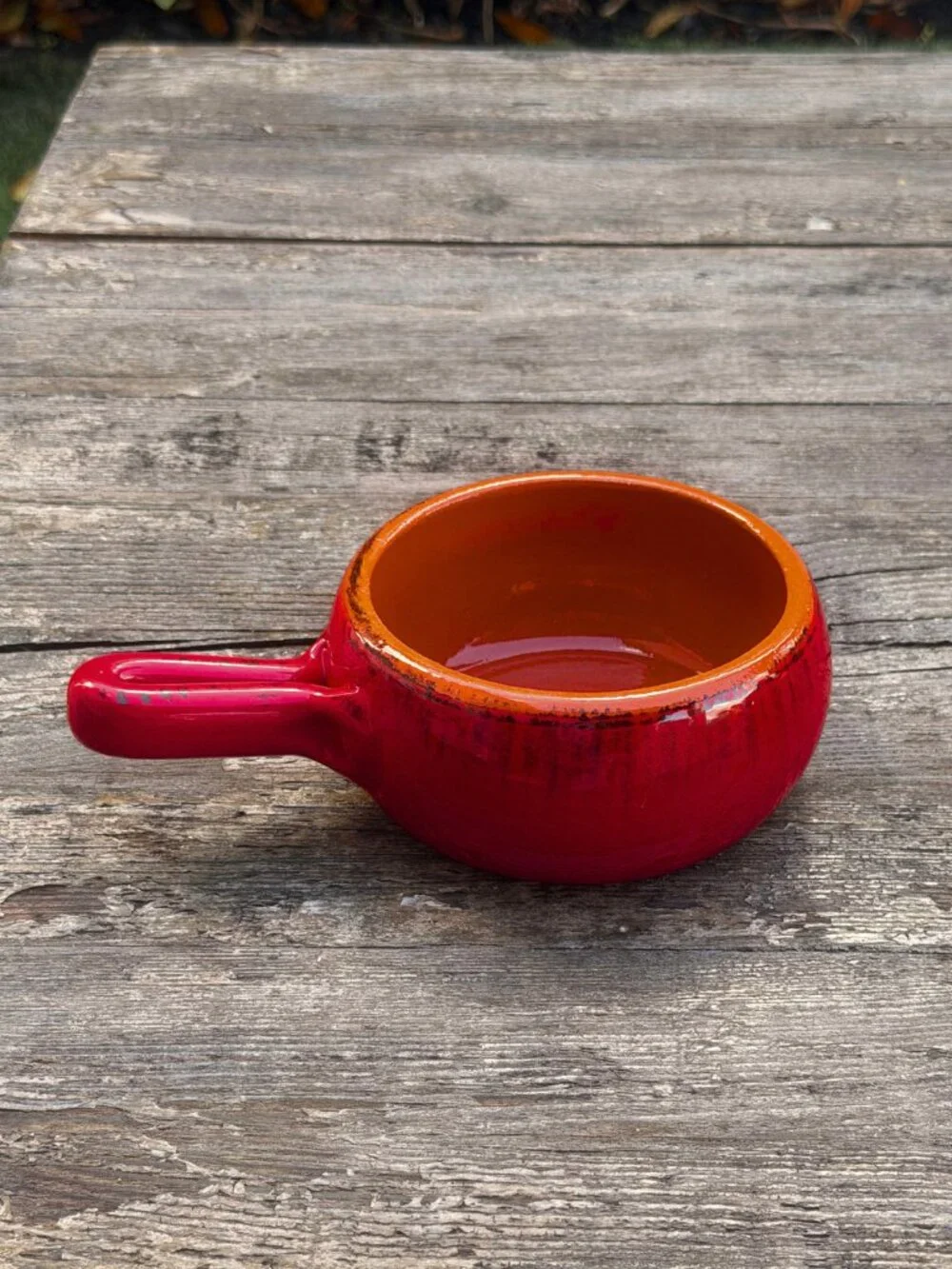 Vintage DE SILVA Italy Red Orange Terracotta Handled Casserole Soup Bowl Handle